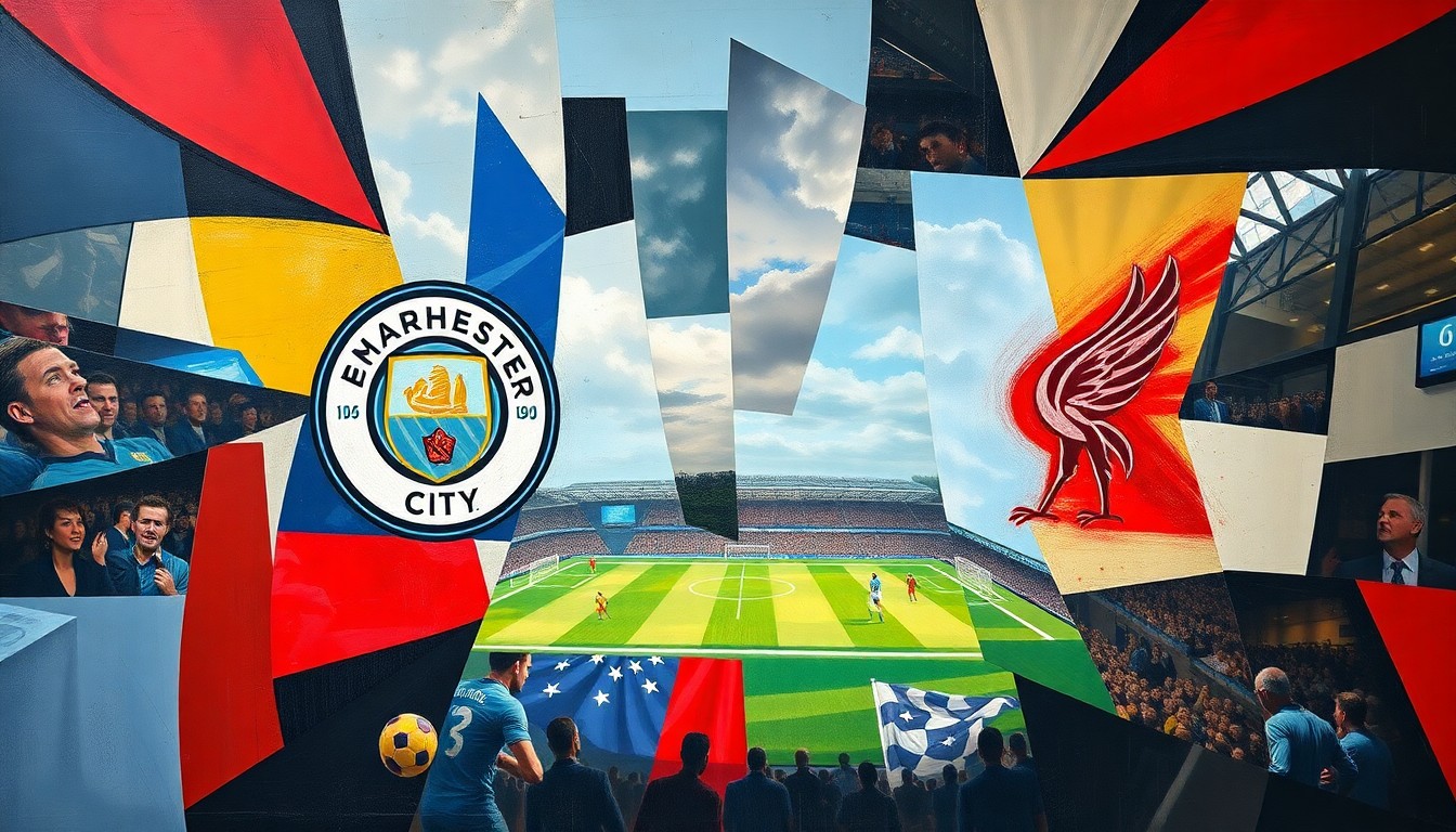 A fragmented, geometric painting depicting a football match between two teams, with the players and the field of play broken down into sharp, overlapping shapes and planes of color.