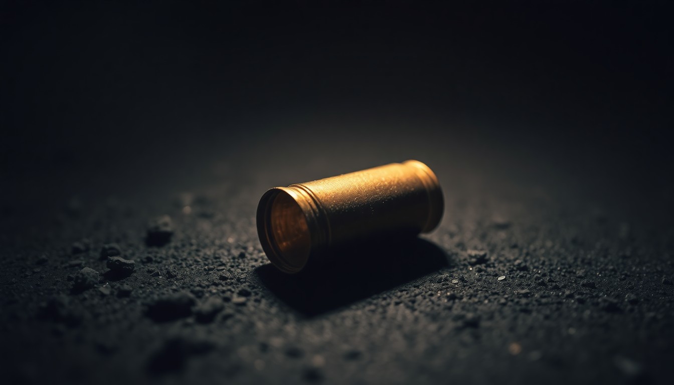 An extreme close-up photograph of a spent shell casing on a dark, gritty surface, conceptually illustrating the aftermath of a shooting incident in Downtown Memphis.