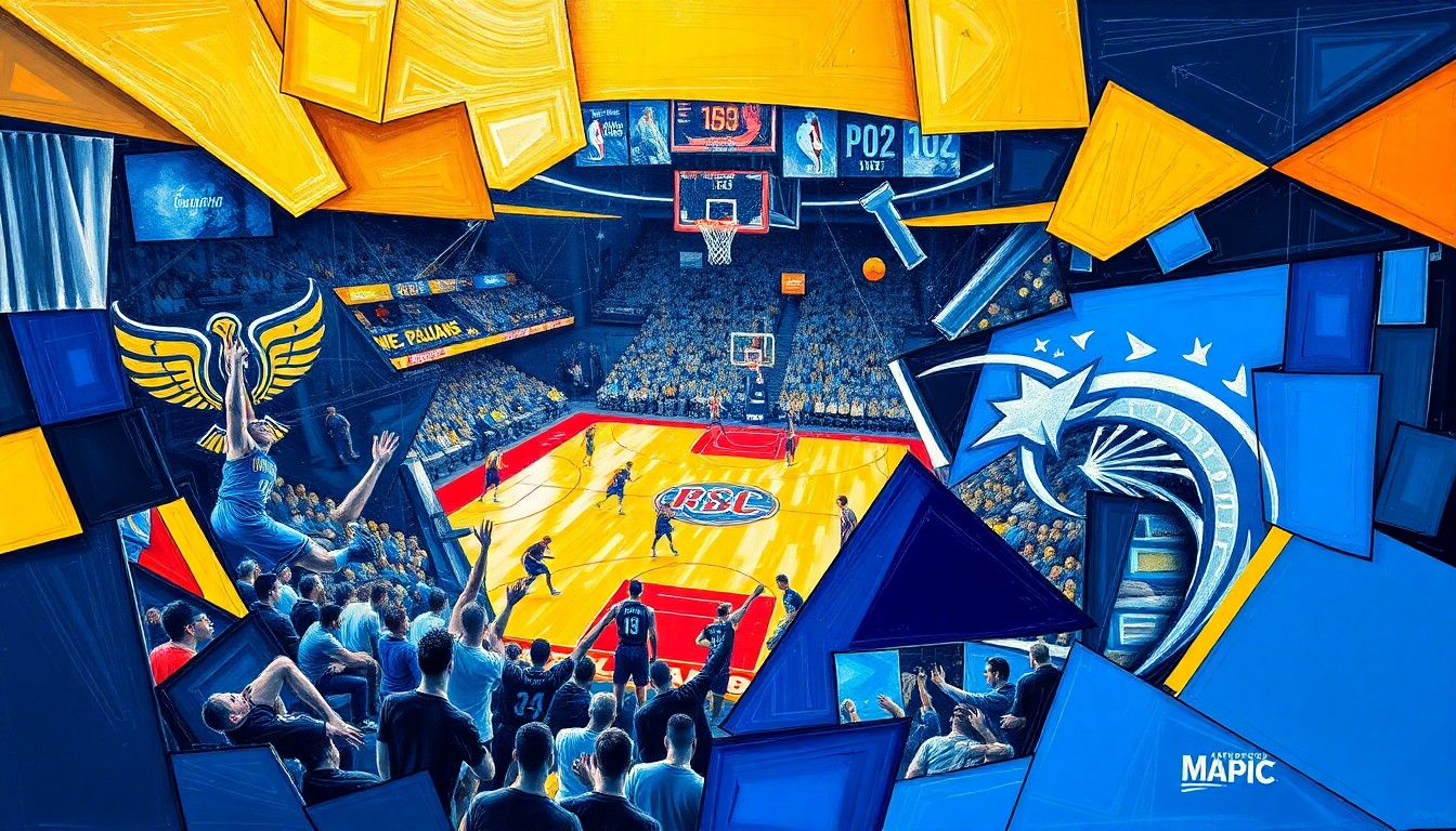 A fragmented, cubist-style painting depicting a basketball game, with the players and court broken down into sharp, overlapping geometric shapes in the team colors of the Pelicans and Magic.