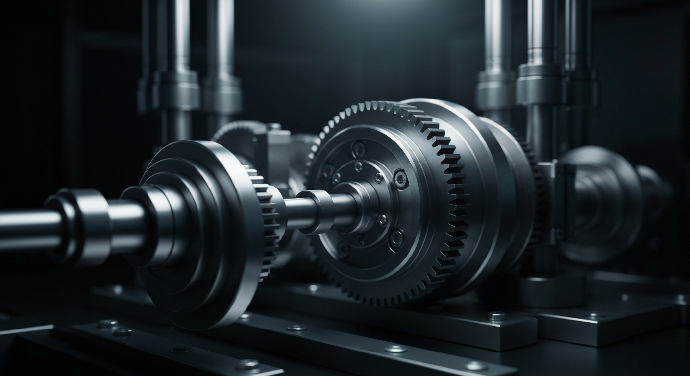 An extreme close-up of the complex, interlocking machinery and components of a high-tech semiconductor manufacturing system, conveying the industrial might and technical sophistication of Broadcom's products.