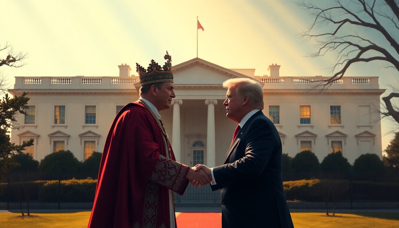 A serene, painterly scene of King Charles III and Donald Trump shaking hands in front of the White House, with warm light and deep shadows creating a contemplative mood.