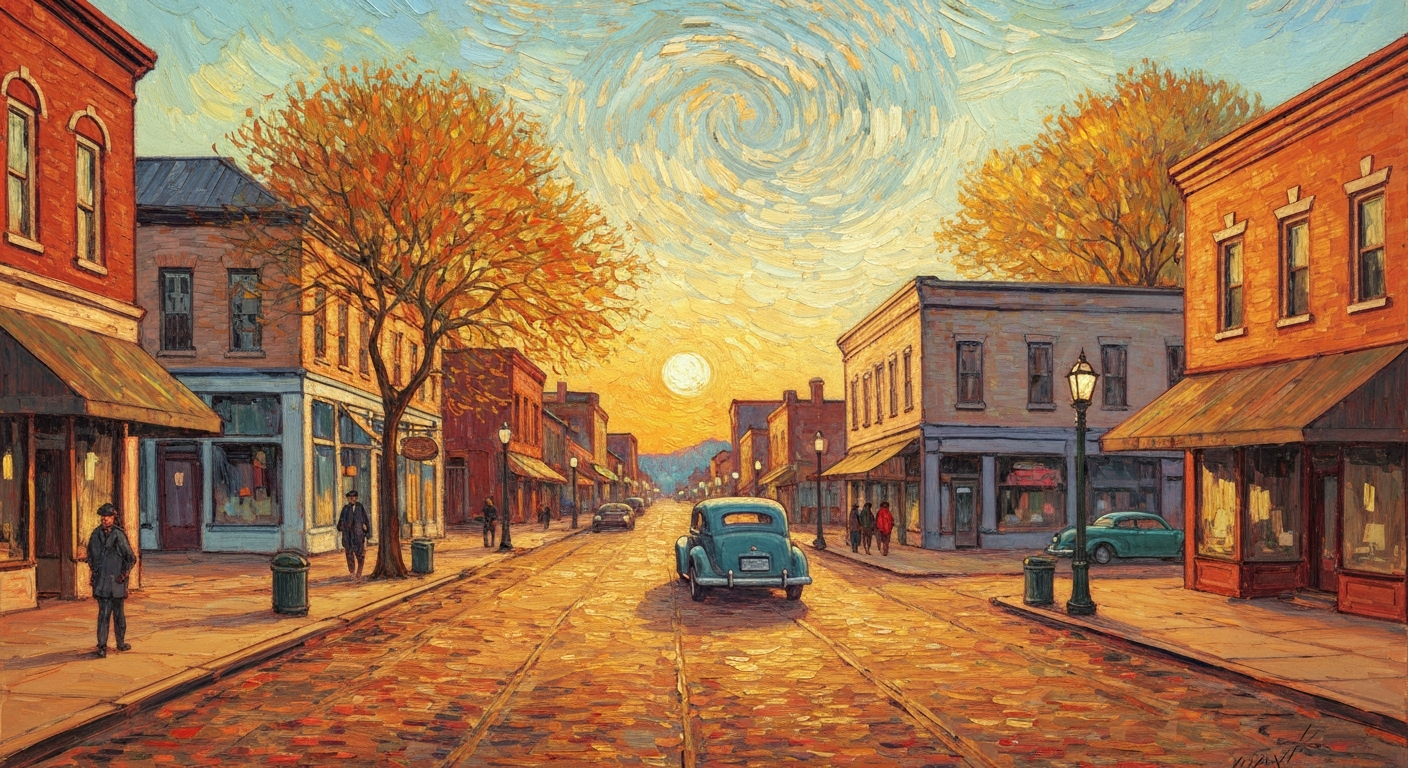 A textured oil painting in the style of Vincent Van Gogh, depicting a small-town main street at golden hour. The scene features historic buildings, a classic car, and a few pedestrians strolling along the sidewalk, capturing the timeless charm and tranquility of an Alabama small town.