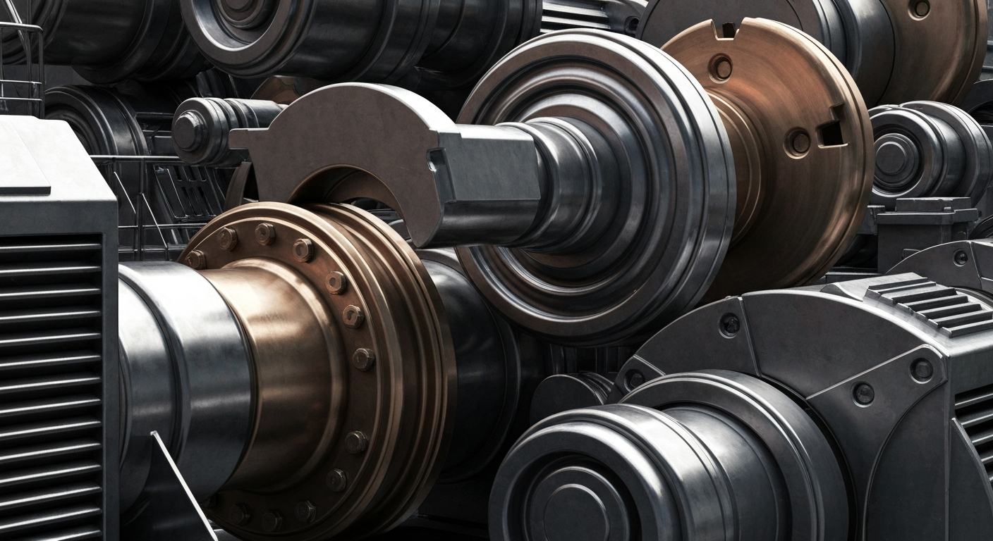 An extreme close-up of highly textured, industrial mining equipment and machinery in shades of grey, bronze, and chrome, conveying the physical power and stored wealth of the precious metals industry.