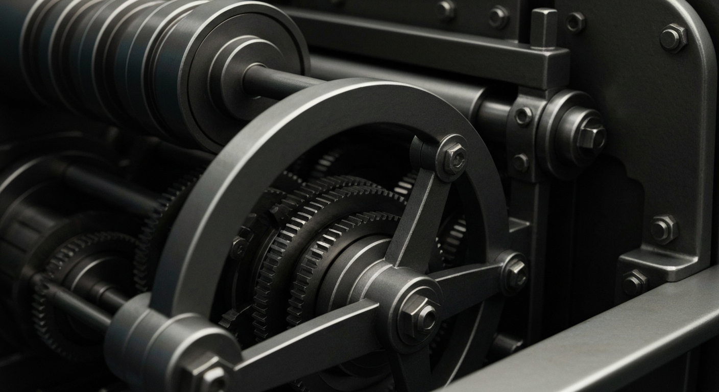 A highly detailed, cinematic close-up image of the gears, levers, and mechanisms of an industrial banking machine, conveying a sense of financial security and institutional power through its intricate, functional design.
