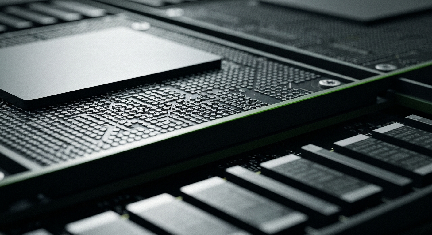 A highly detailed, close-up view of the intricate inner workings of a NVIDIA graphics processing unit, rendered in a gritty, industrial style that conveys a sense of power and technological sophistication.