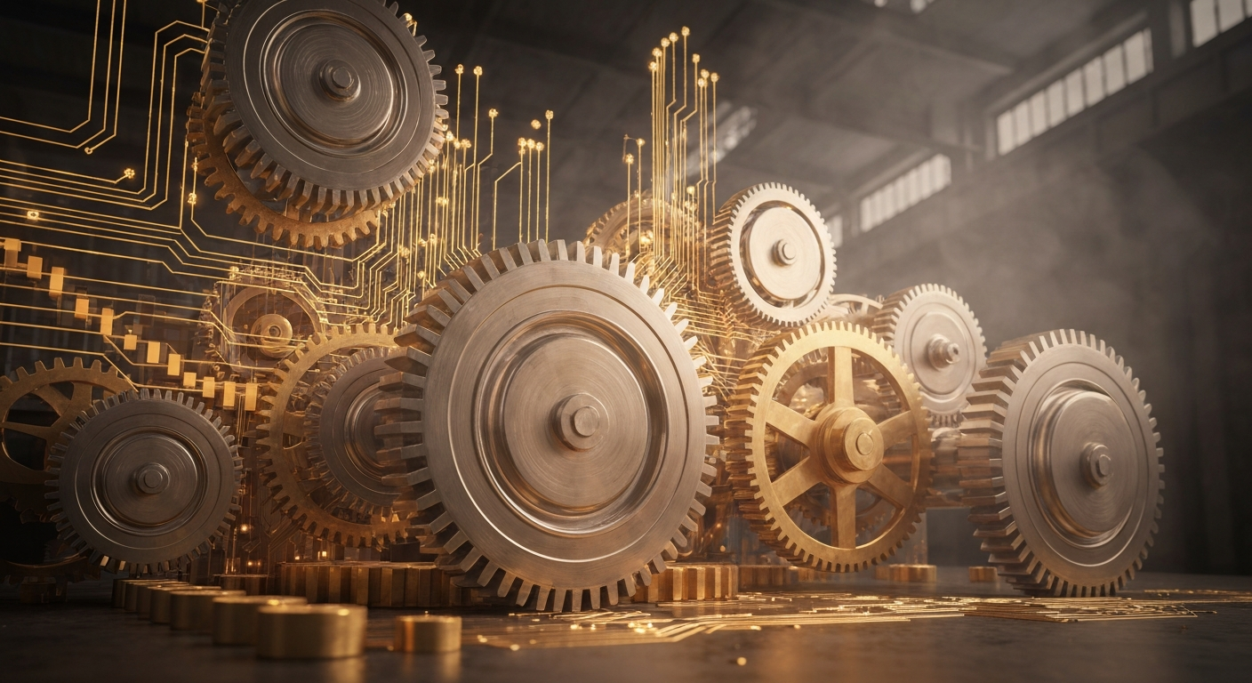 An extreme close-up of a complex array of industrial machinery and electronic components, conveying the scale and sophistication of Microsoft's financial infrastructure as a leading technology company.