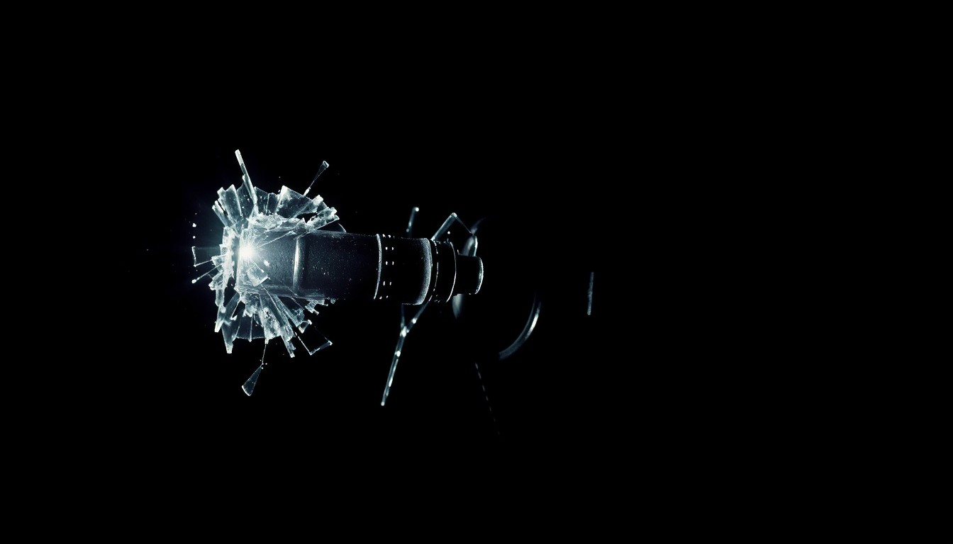 An extreme close-up photograph of a shattered glass door lock mechanism, lit by a harsh, direct camera flash against a pitch-black background, conceptually illustrating the aftermath of a burglary at a newly opened restaurant.