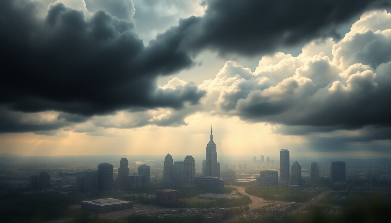 A sweeping, atmospheric landscape painting depicting heavy rain clouds and dramatic lighting engulfing the skyline of Baltimore, conveying the overwhelming scale and sublime power of the approaching storm.