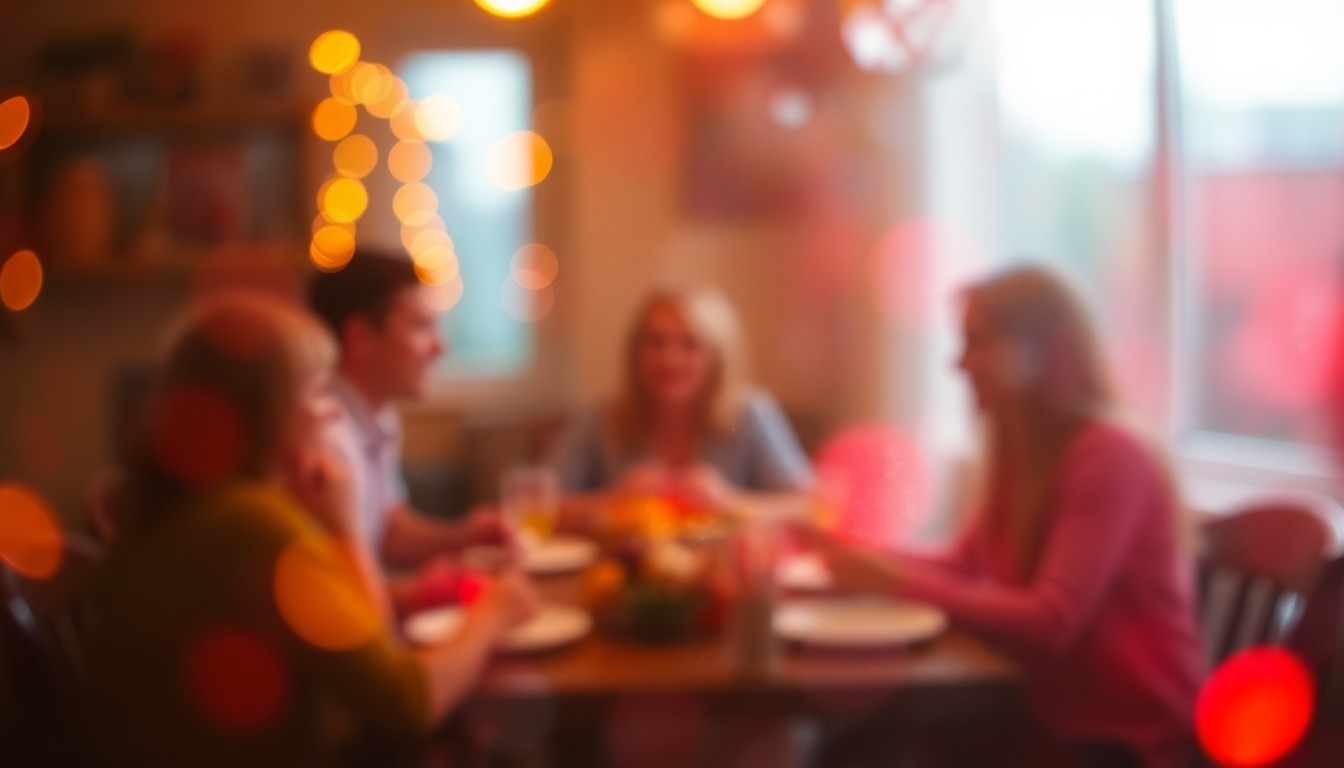 An abstract, impressionistic scene of blurred, colorful shapes and soft lighting, conveying the warm, festive atmosphere of an Easter family gathering.