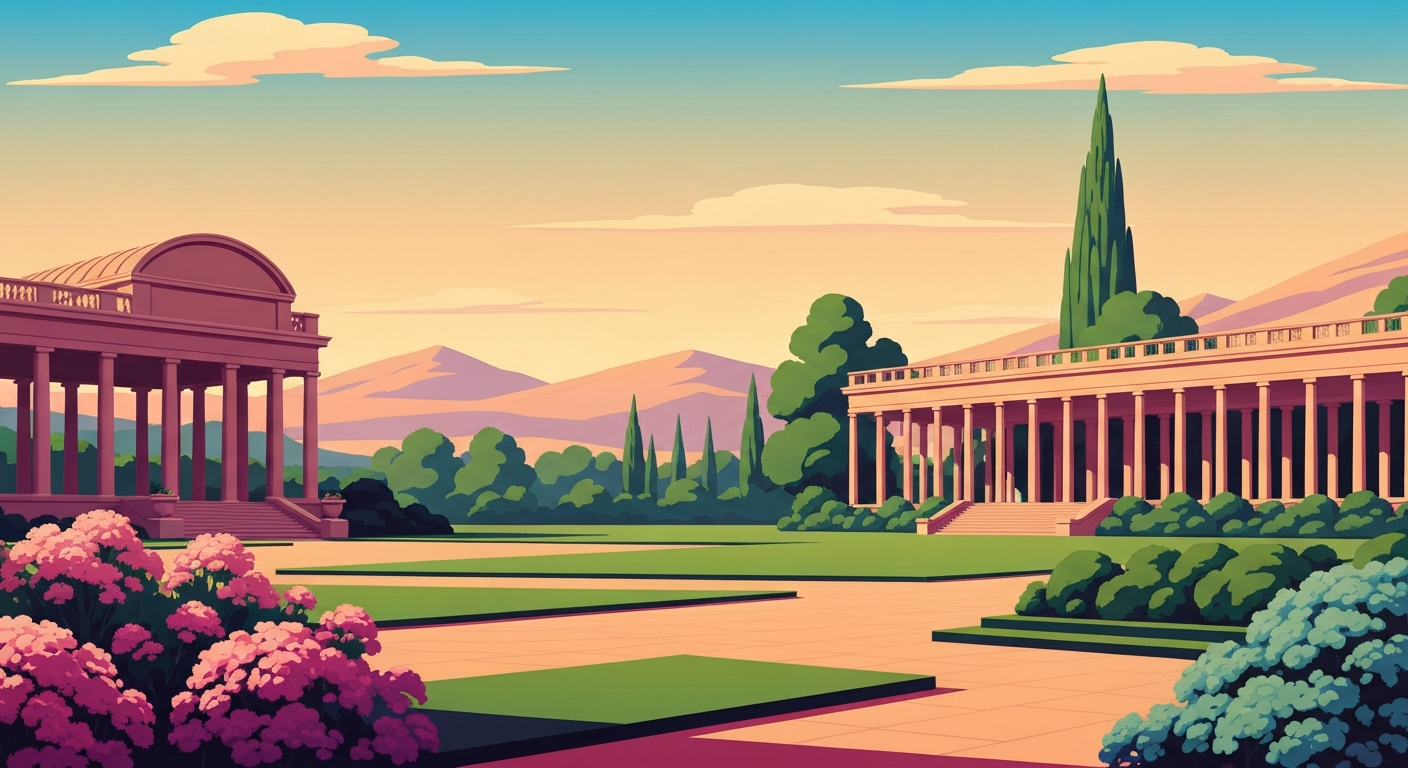 A bold, geometric illustration in the Art Deco style depicting the grand scale and sweeping vistas of the Western Colorado Botanical Gardens, with towering forced perspectives and smooth, airbrushed gradients capturing the romance and beauty of this unique destination.
