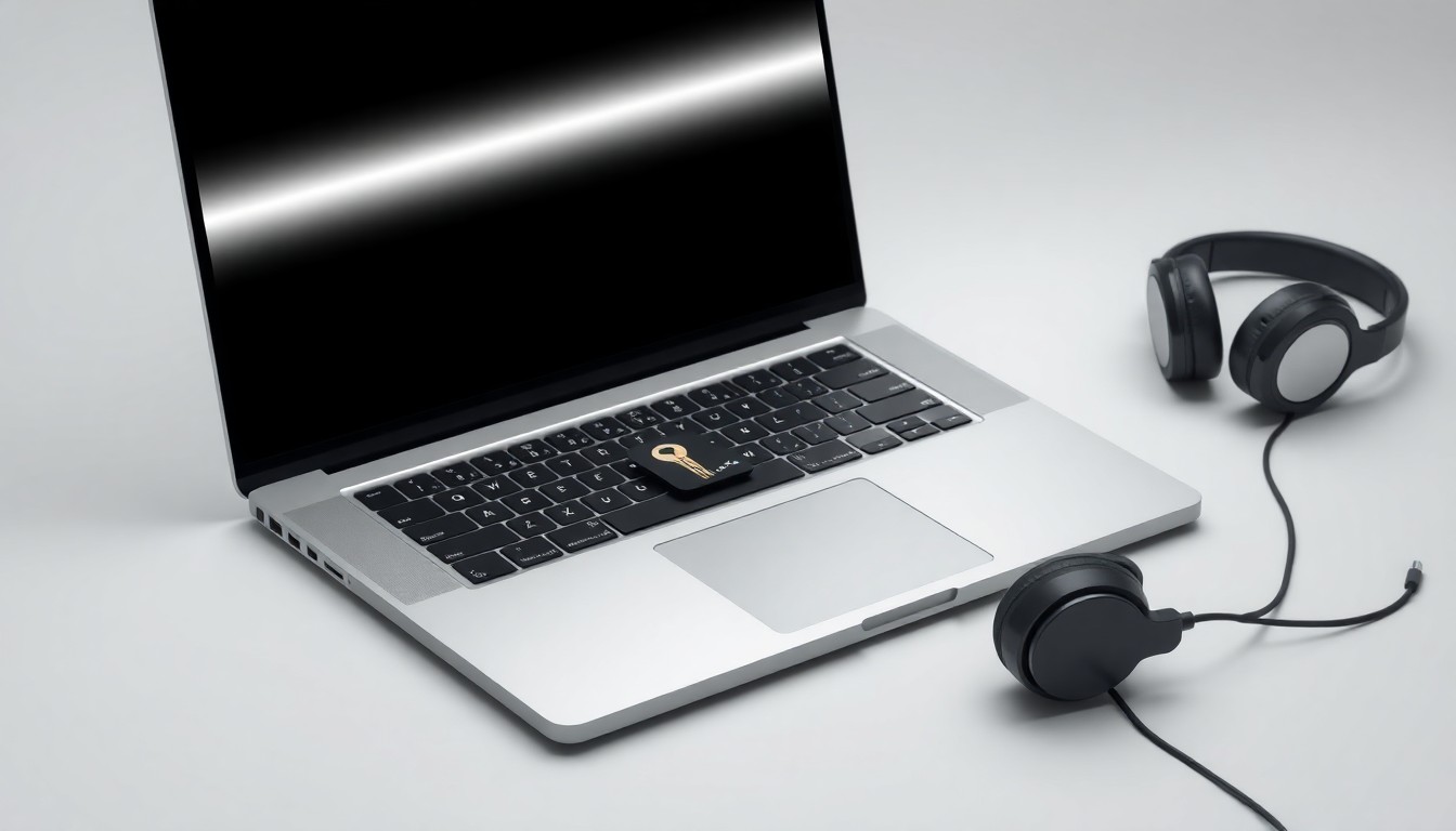 A photorealistic studio still life featuring a sleek laptop computer, security keycard, and high-tech headphones arranged on a clean, monochromatic background, conceptually representing the intersection of technology, cybersecurity, and enterprise productivity.