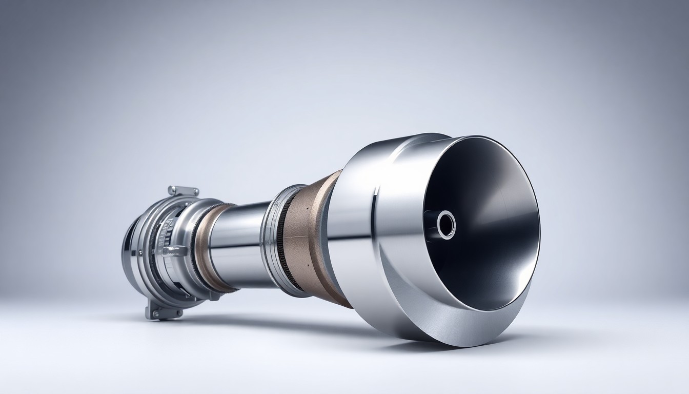 A photorealistic studio still life of a polished metal aerospace component, such as a turbine blade or aircraft sensor, arranged elegantly on a clean, monochromatic background and dramatically lit to showcase the technical sophistication of Heico's products.