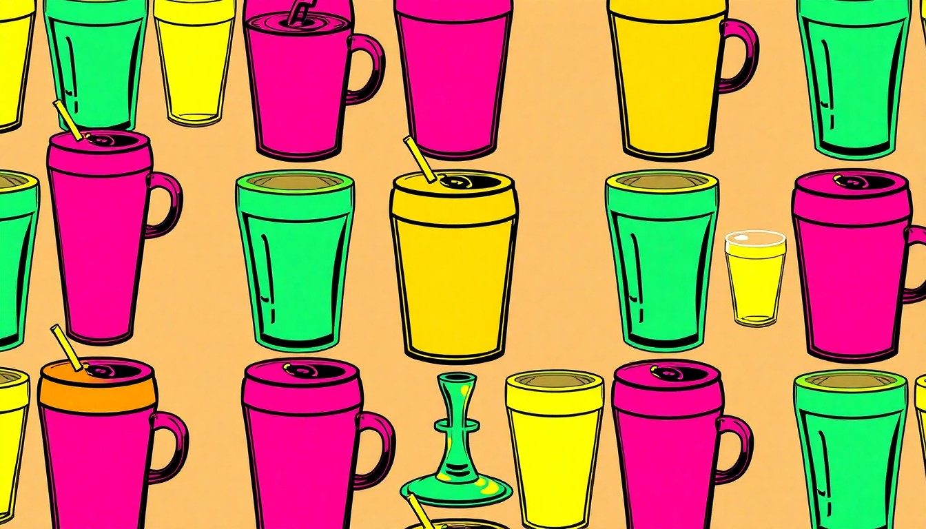 A bold, abstract silkscreen print featuring a repeating pattern of a single, iconic spring beverage item in a grid of vibrant neon colors and heavy black outlines, capturing the creative energy of new seasonal drinks.