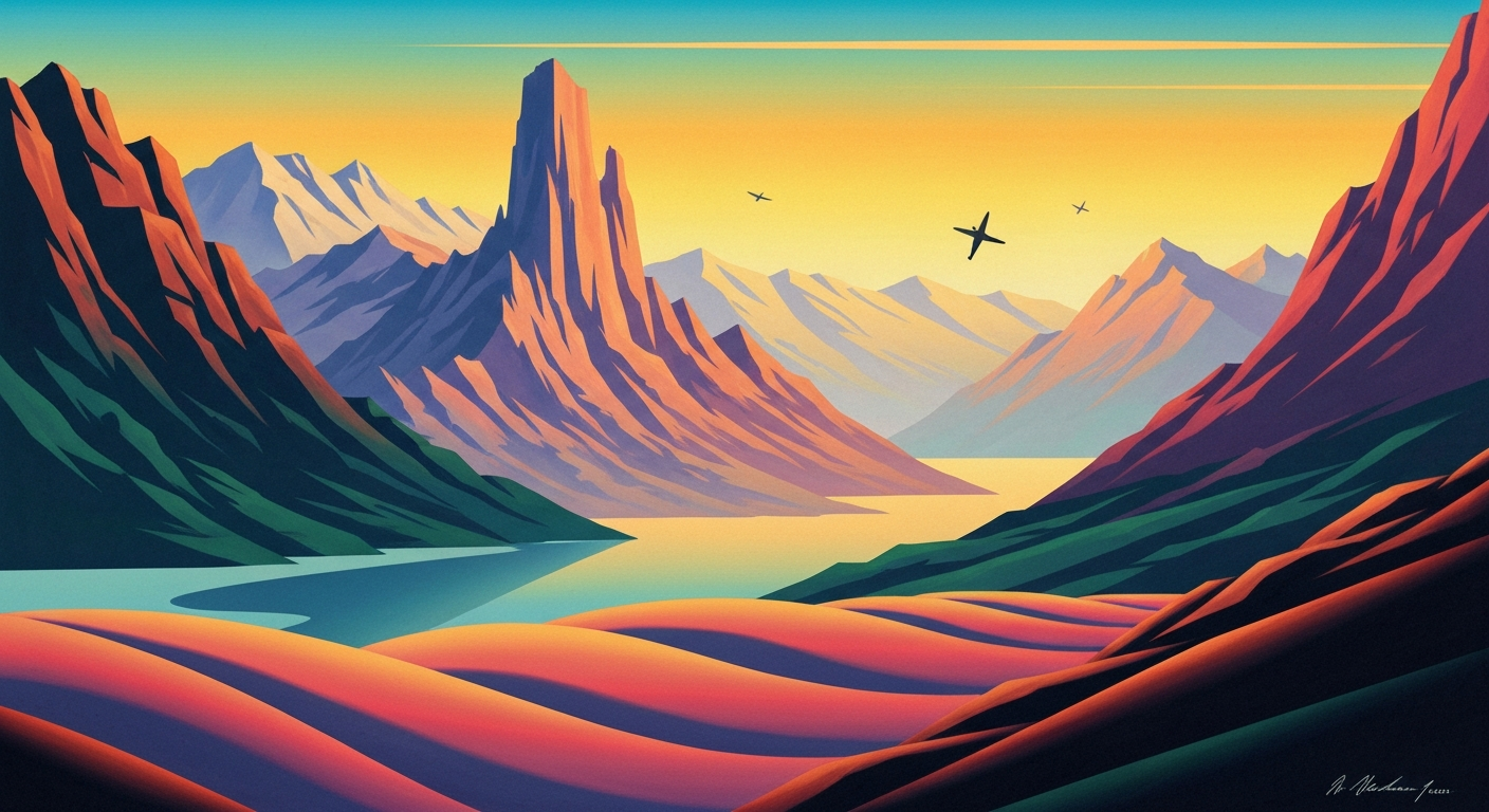 A sweeping, geometric illustration depicting a towering, mountainous landscape in shades of blue, green, and gray, capturing the grand scale and romantic atmosphere of the historic Cold Spring Tavern.