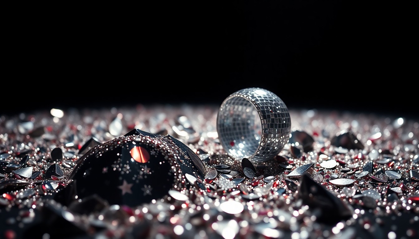 An extreme close-up of shimmering sequins and shattered glass reflecting dramatic studio lighting, conveying the high-energy glamour of Kanye West's comeback concert.