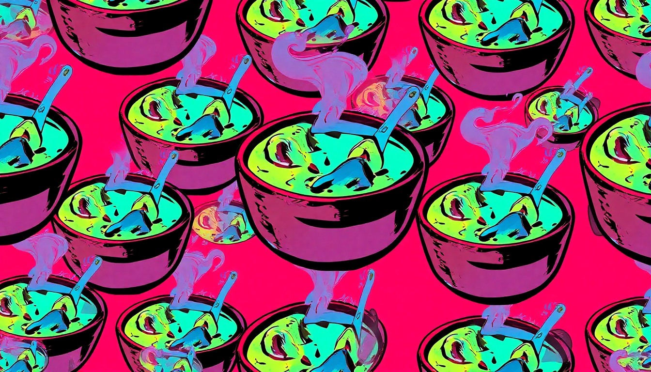 A high-contrast, silkscreen-style illustration of a steaming bowl of clam chowder in a sourdough bread bowl, repeated in a vibrant grid pattern, capturing the iconic status of this beloved California comfort food.