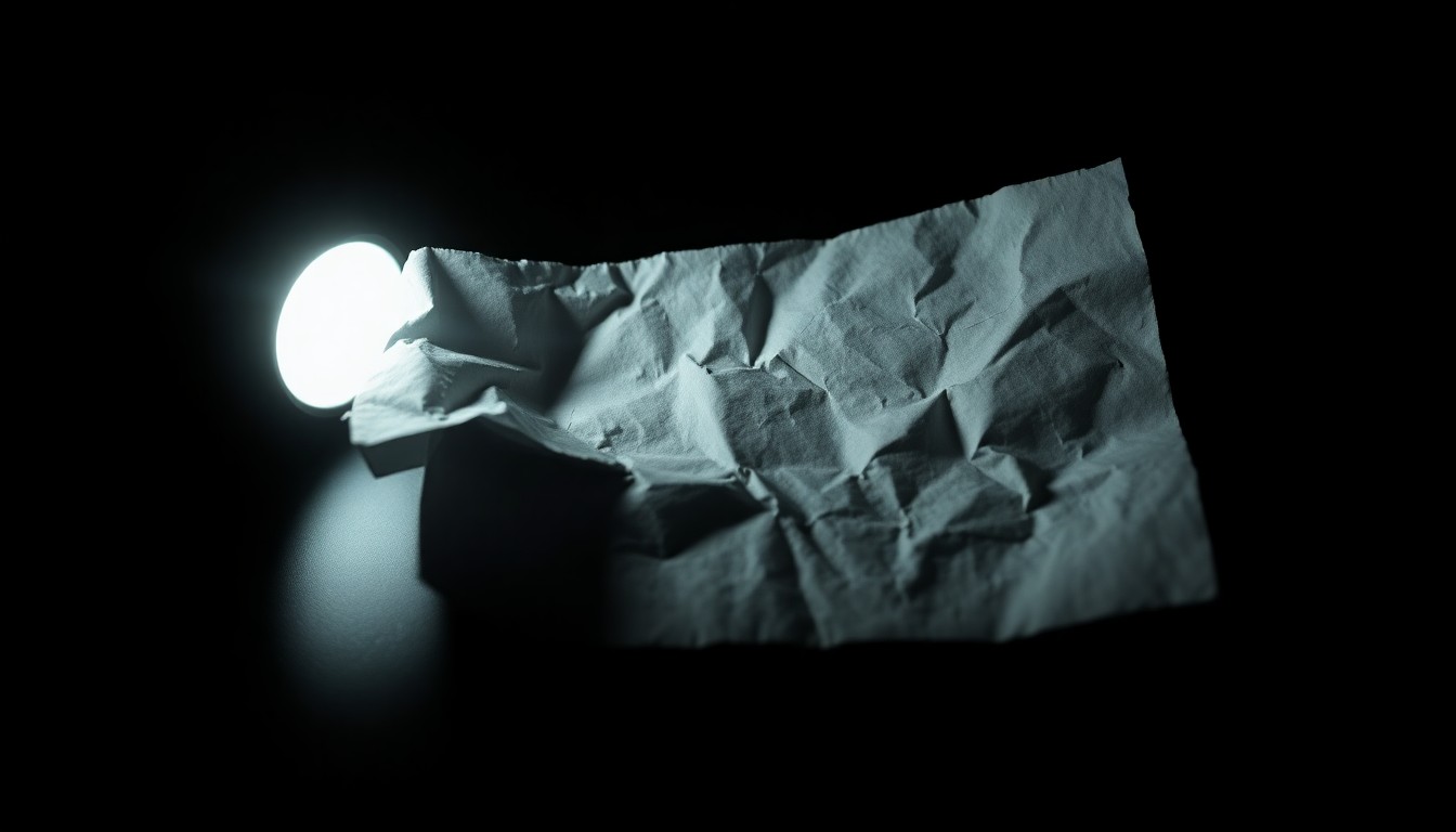 An extreme close-up photograph of a crumpled piece of paper on a dark background, lit by a harsh camera flash, conceptually representing an anonymous report or evidence related to a sexual assault incident.