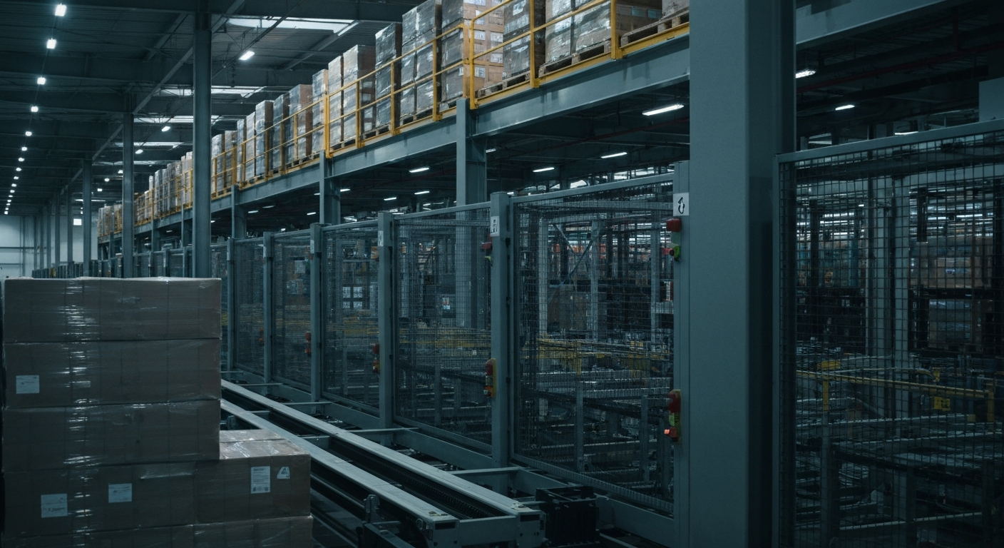 An extreme close-up image of the gears, conveyor belts, and other heavy machinery inside a large retail distribution center, conveying the scale and precision of Walmart's logistics operations.