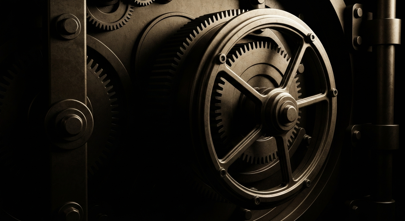 A highly detailed, cinematic close-up of the complex inner workings of an industrial banking vault, with gears, levers, and polished metal surfaces filling the frame to convey a sense of institutional stability and financial security.