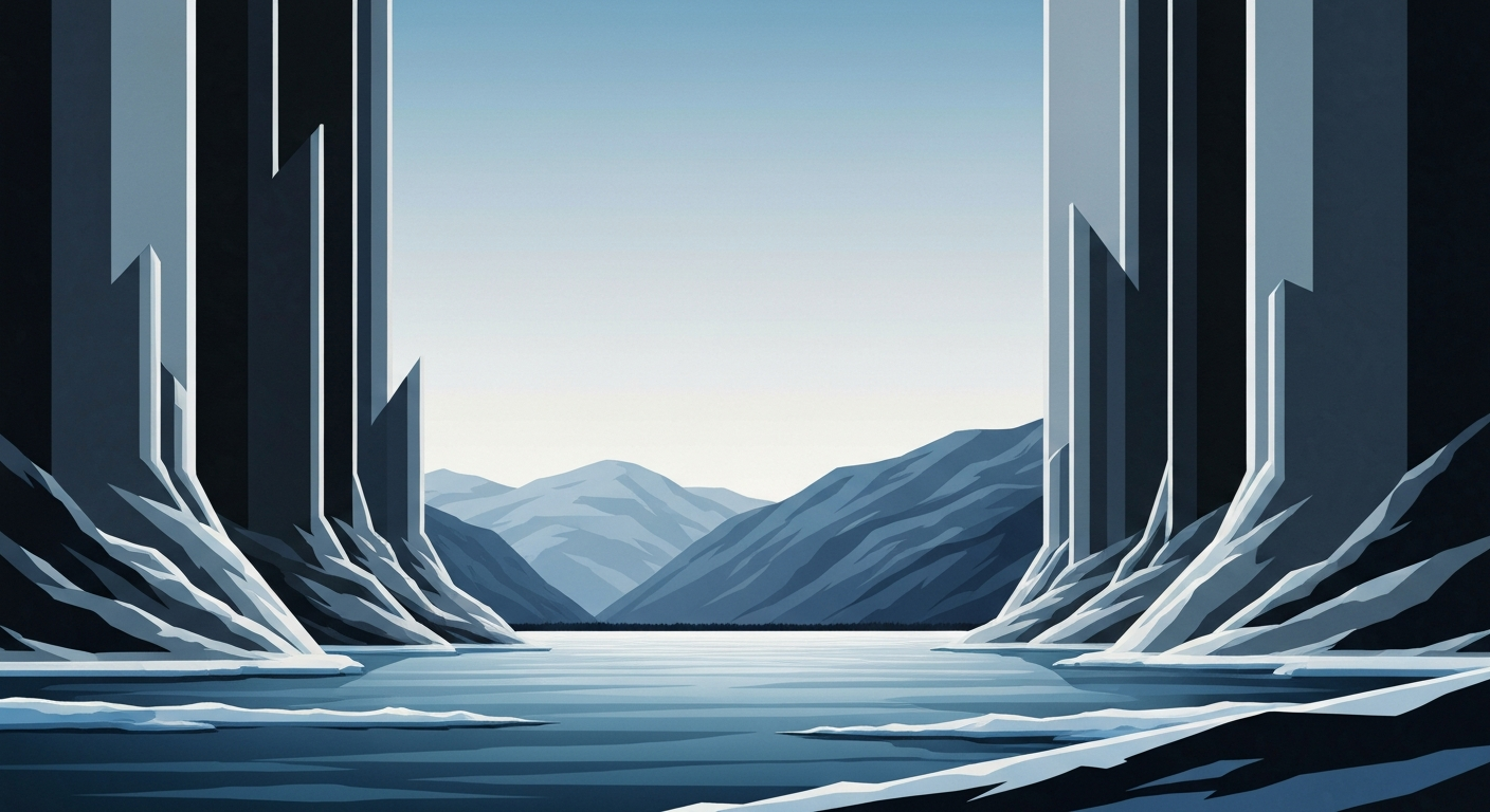 A bold, geometric illustration in shades of blue and gray, depicting the sweeping, monumental scale of the frozen Yukon River landscape, with towering hills and a sense of grand, isolated beauty.