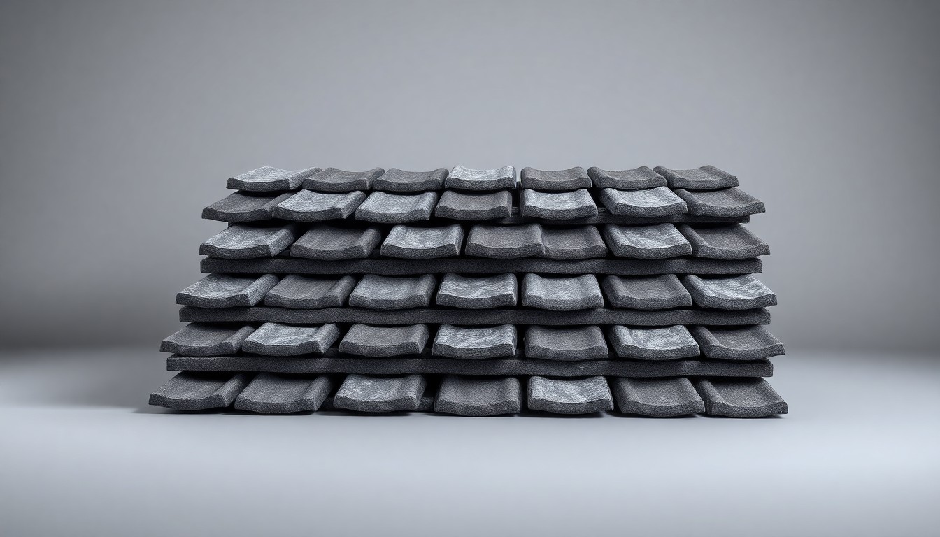 A close-up photograph of a stack of gray roofing tiles arranged in a minimalist, high-end studio setting, conveying the quality and craftsmanship of Kincaid Roofing's services.