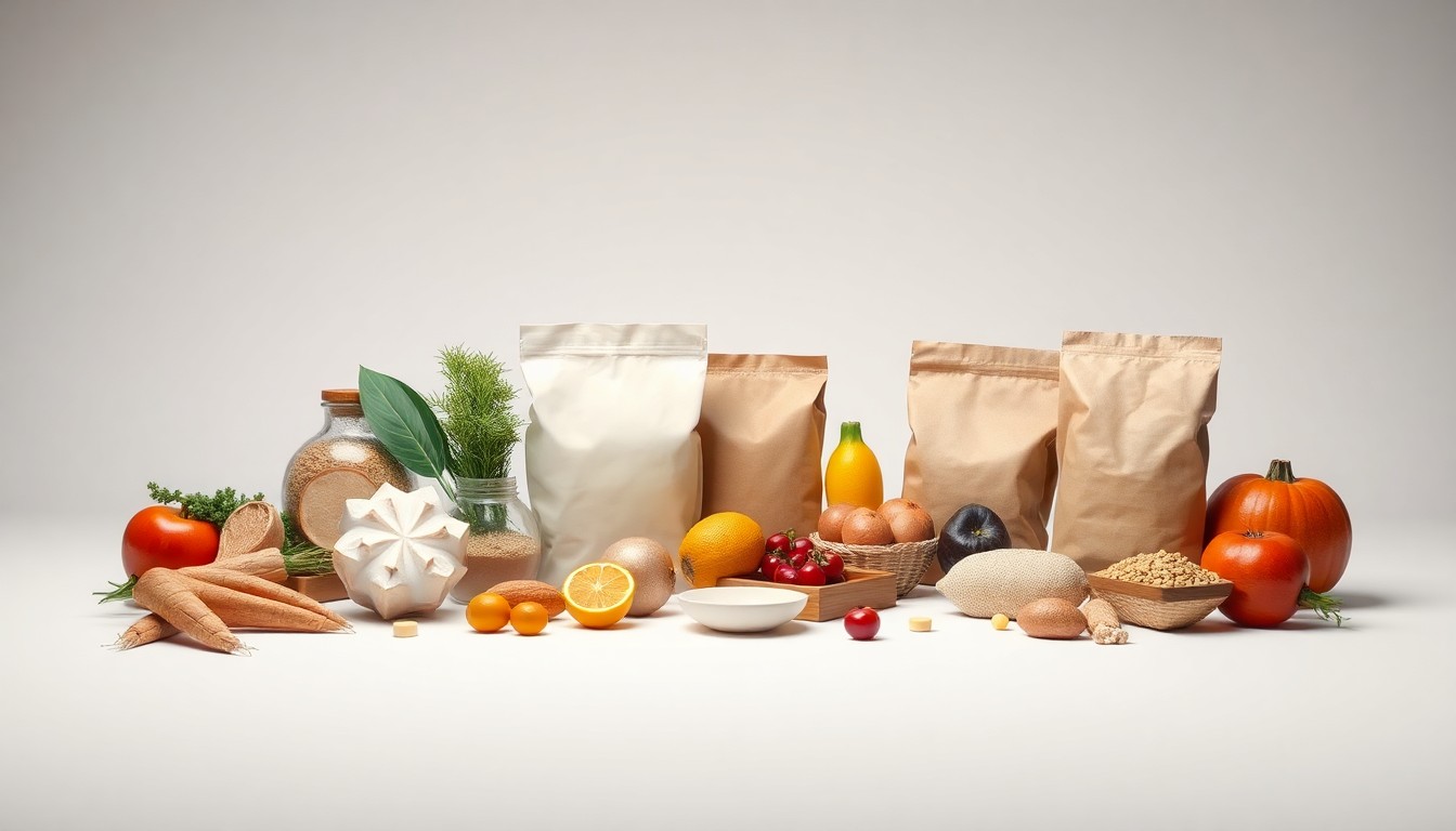 A photorealistic studio still life featuring an elegant arrangement of polished, geometric objects representing agricultural products and retail packaging, conceptually illustrating the preparation of local goods for expanded retail sales.