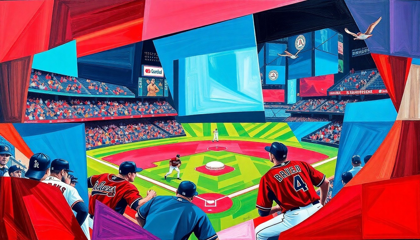 A cubist, geometric painting depicting a baseball game, with the players and field broken down into sharp, overlapping shapes and planes in the colors of the Braves and Diamondbacks uniforms.