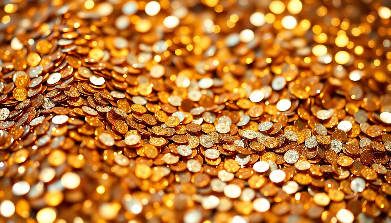 An abstract close-up photograph of shimmering, high-contrast sequins in metallic gold, silver, and bronze, capturing the glamour and energy of a live music performance.