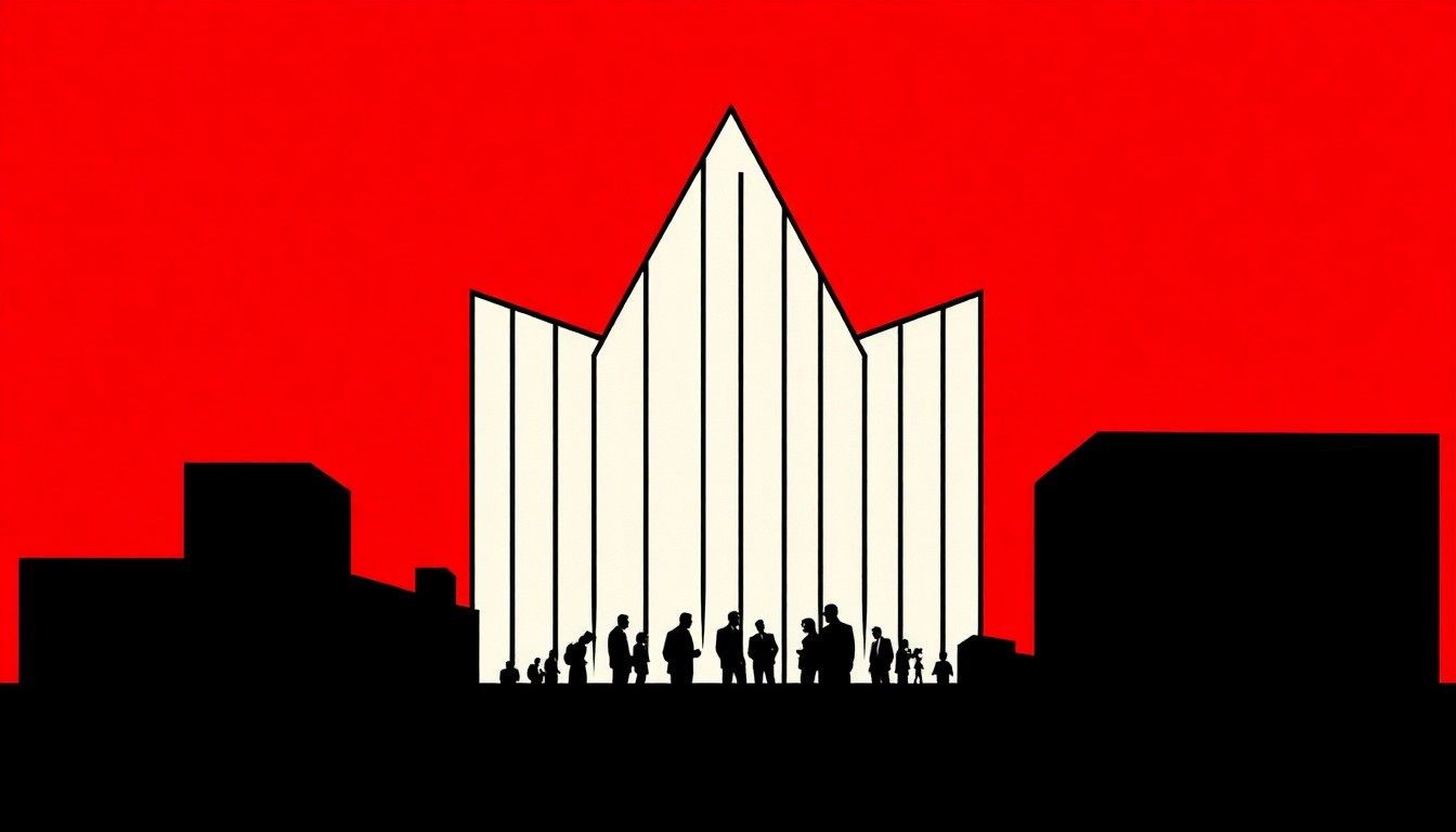 An abstract, minimalist illustration featuring stark, jagged black silhouettes and bold, high-contrast shapes in red and white, conceptually representing the downsizing and relocation of a major entertainment production company.