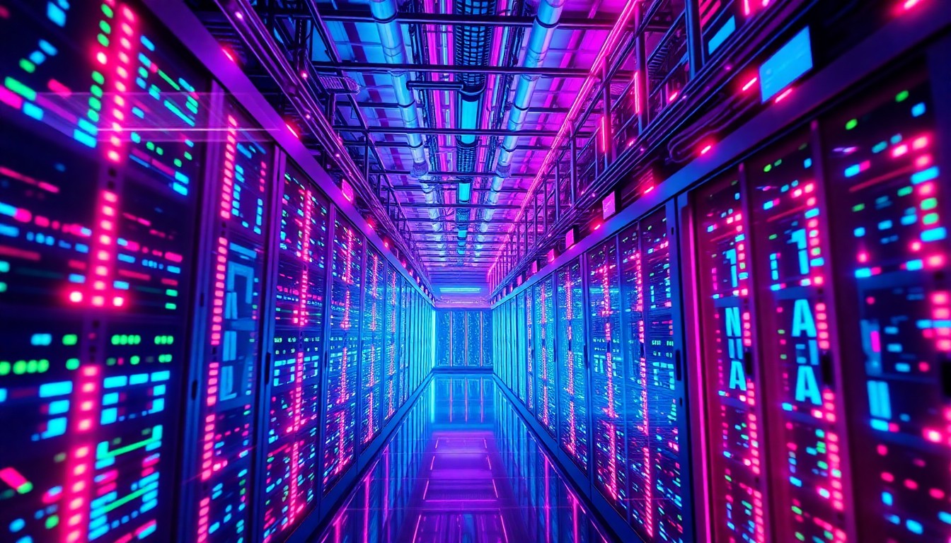 A highly detailed, glowing 3D illustration of a complex, futuristic data center infrastructure with neon cyan and magenta lights, conceptually representing the technological transformation underway at Meta as it invests heavily in AI development.