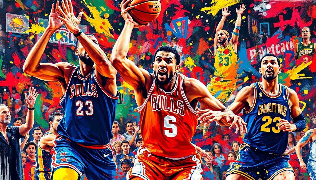 An abstract, expressionist painting in neon colors depicting the frenetic energy of an NBA basketball game, with players' forms dissolving into vibrant brushstrokes.