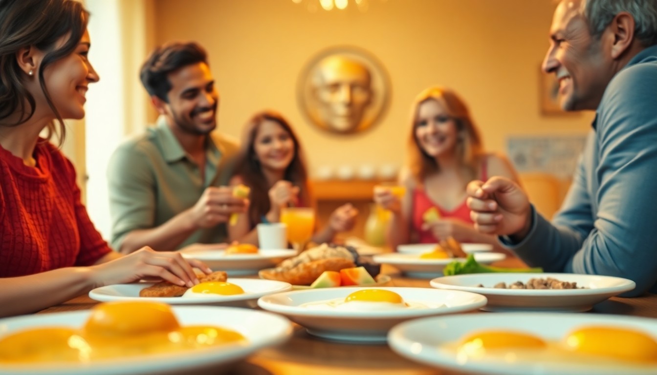 An extremely abstracted, out-of-focus photograph in soft pools of warm light and color, depicting a family sharing a meal together with plates of eggs and other breakfast foods in the foreground.