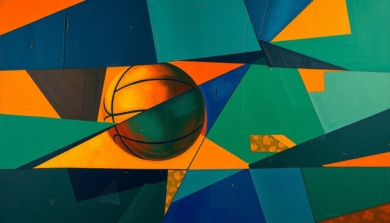 A fractured, multi-perspective painting in vibrant colors depicting the abstract shapes and movements of a basketball game or match, conveying the energy and dynamism of collegiate sports.