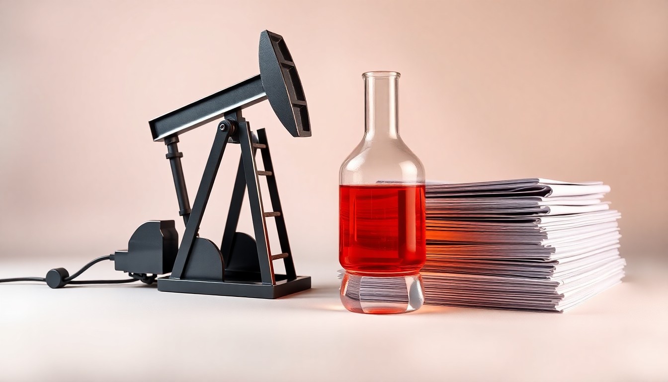A minimalist studio still life photograph featuring a polished metal oil pump jack, a glass beaker filled with a viscous amber liquid, and a stack of financial reports, all arranged elegantly on a clean, monochromatic background to conceptually represent the energy production, market analysis, and corporate strategy of Magnolia Oil & Gas.