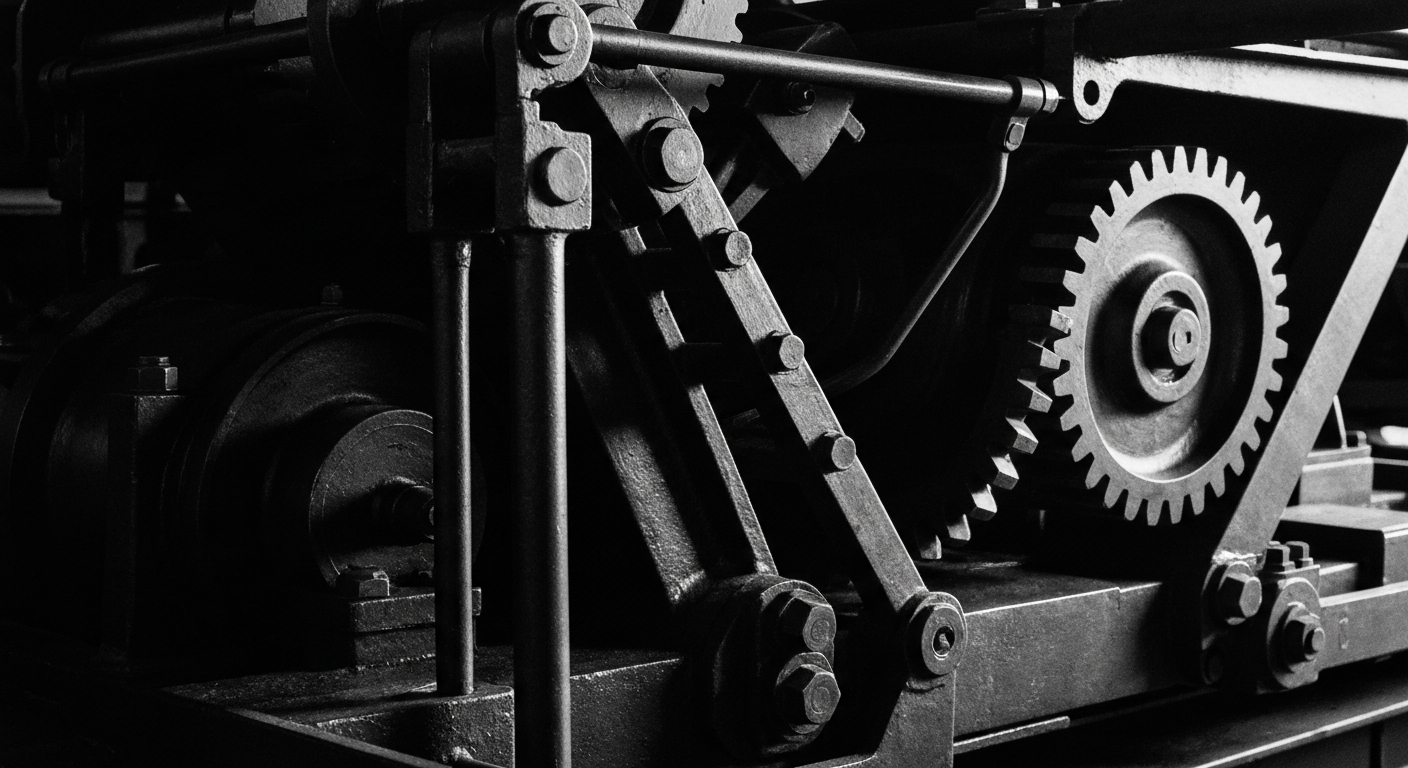 A high-contrast, close-up image of the gears, levers, and mechanisms of an industrial freight transportation system, conveying the complex machinery that underpins the logistics industry.
