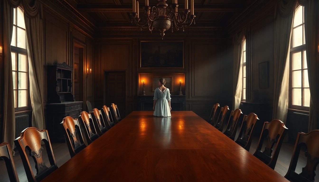A dimly lit, cinematic painting of an ornate, historic dining room bathed in a warm, golden glow, with a single woman in period dress standing alone at the head of a long wooden table, conceptually representing the legacy of pioneering women in American history.