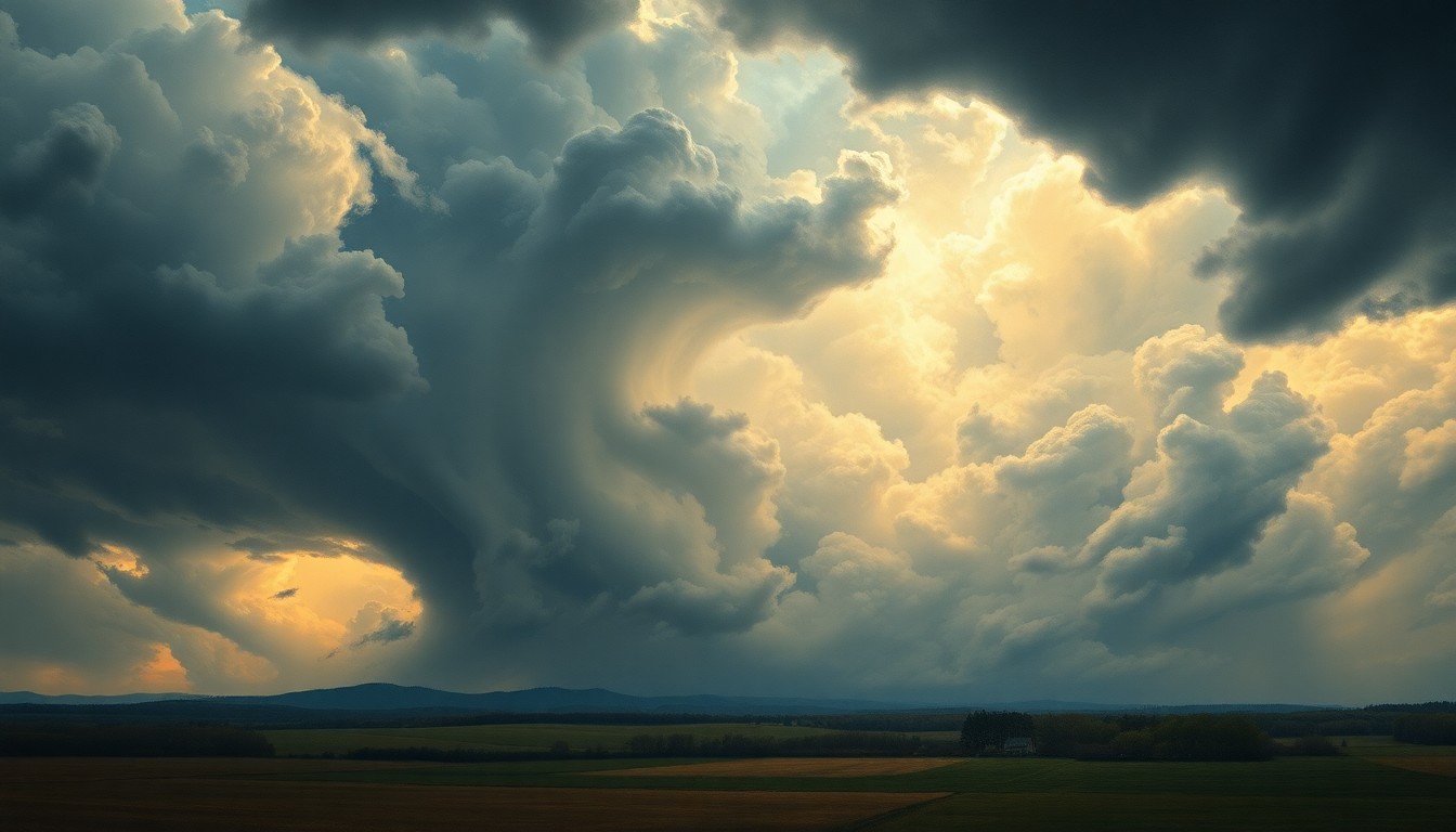 A sweeping, atmospheric landscape painting depicting a dramatic storm system moving across a rural Western New York setting, with heavy clouds, turbulent skies, and a sense of the overwhelming power of nature.
