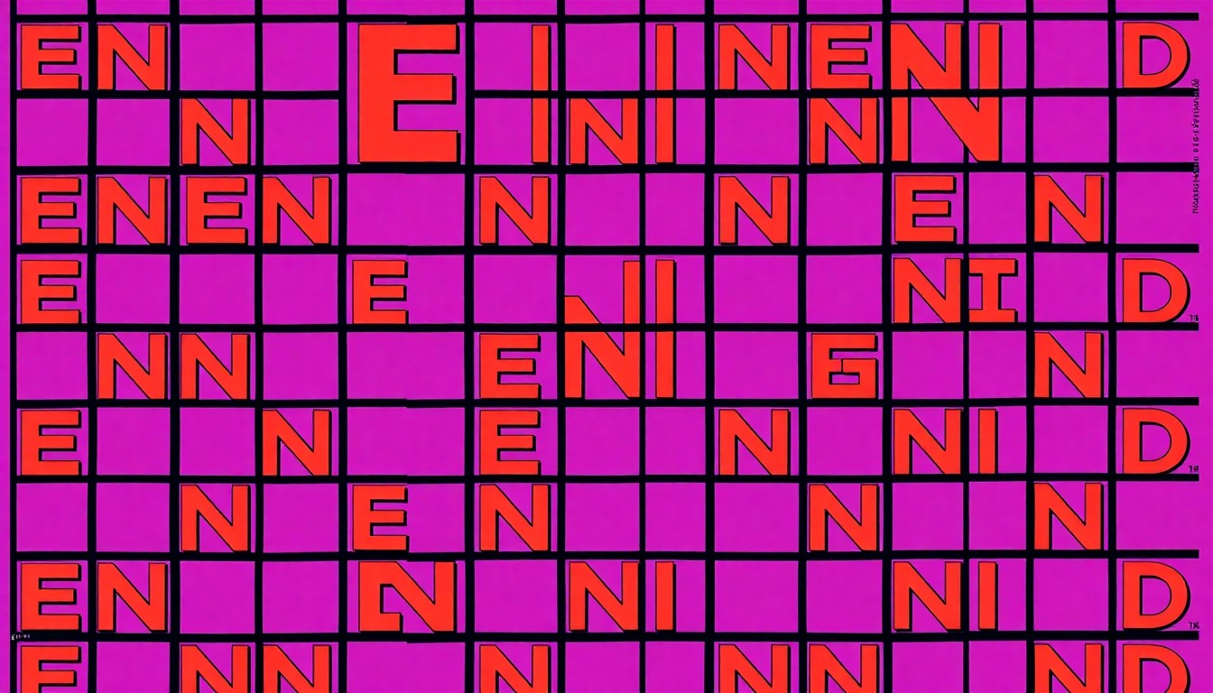 A highly stylized, abstract grid of bright neon colors and bold black outlines, representing the solution to a crossword puzzle clue in a visually striking manner.