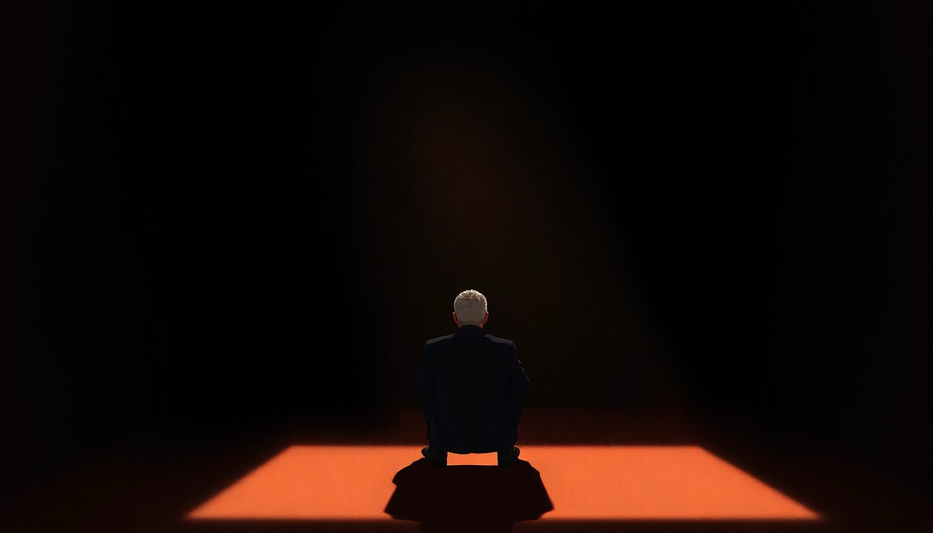 A moody, cinematic painting of a solitary figure sitting alone in a dimly lit room, the subject's face obscured in shadow while a warm beam of light illuminates part of their body, conveying a sense of isolation and vulnerability.