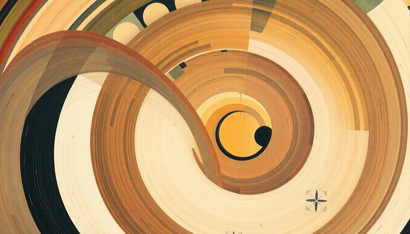 A highly structured abstract painting in soft, flat colors featuring sweeping geometric arcs, concentric circles, and precise botanical spirals, conveying the complex physical forces at work within a nuclear reactor core.