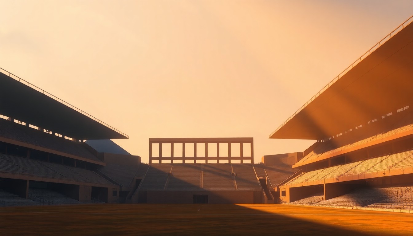 A serene, cinematic painting of an empty college sports stadium, with warm sunlight casting deep shadows across the empty stands, conveying a sense of nostalgic melancholy and the need to restore the vitality of this American institution.