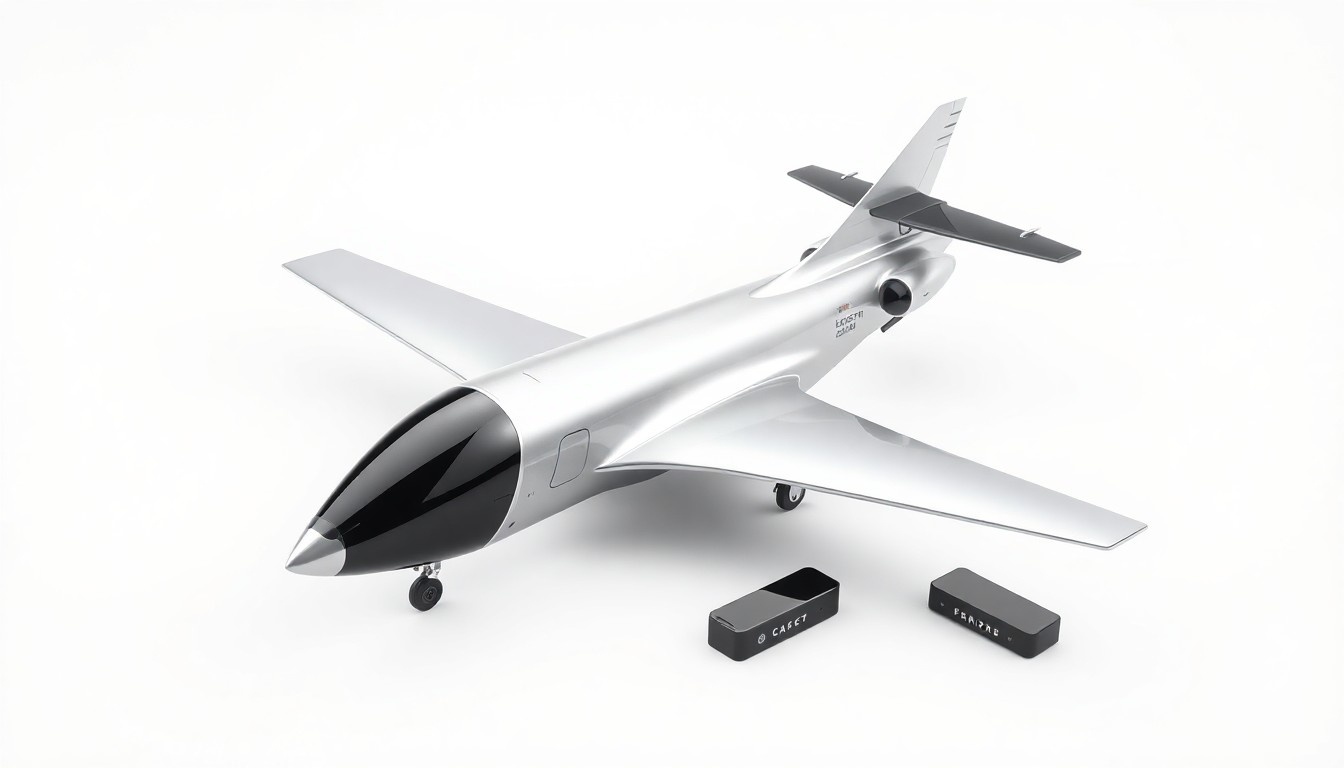 A photorealistic studio still life featuring a sleek, angular electric aircraft model in polished silver and black, floating on a clean white background with a few small, premium-looking objects surrounding it, symbolizing the advanced technology behind air taxi development.