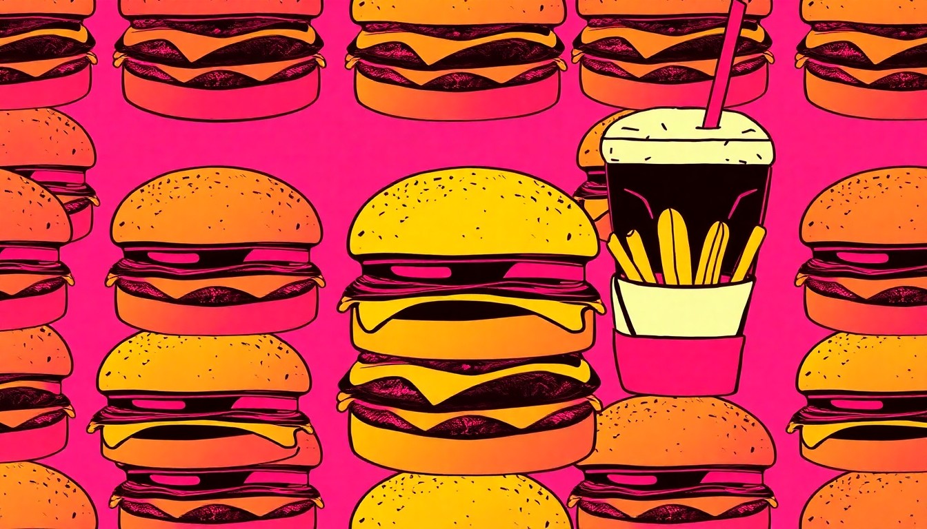 A high-contrast silkscreen print of a cheeseburger repeated in a grid, rendered in a bold, neon color palette that captures the energy and diversity of Seattle's burger scene.