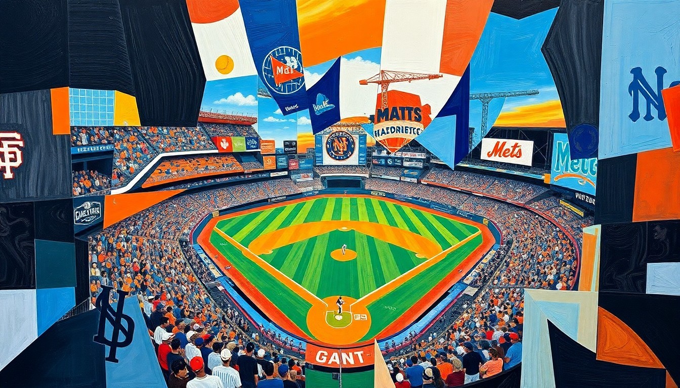 A fractured, geometric painting featuring overlapping planes of orange, black, blue, and orange, conceptually representing the clash between the San Francisco Giants and New York Mets baseball teams.
