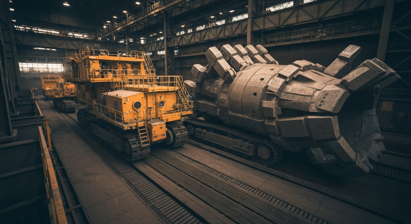 An extreme close-up of rugged, textured mining equipment and machinery, conveying the industrial power and scale of precious metals extraction.