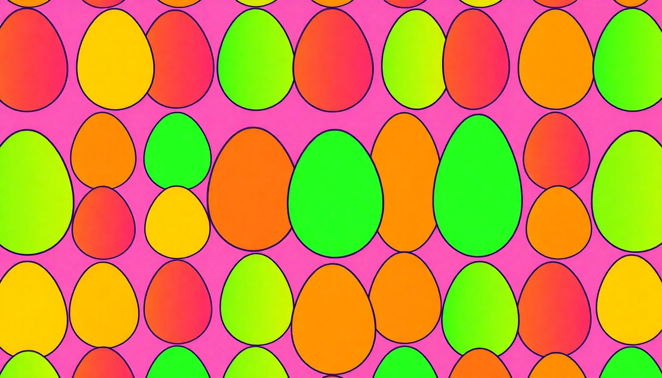 A grid of brightly colored, stylized Easter eggs in neon shades of pink, green, and blue, conceptually representing the joyful energy of community celebrations.