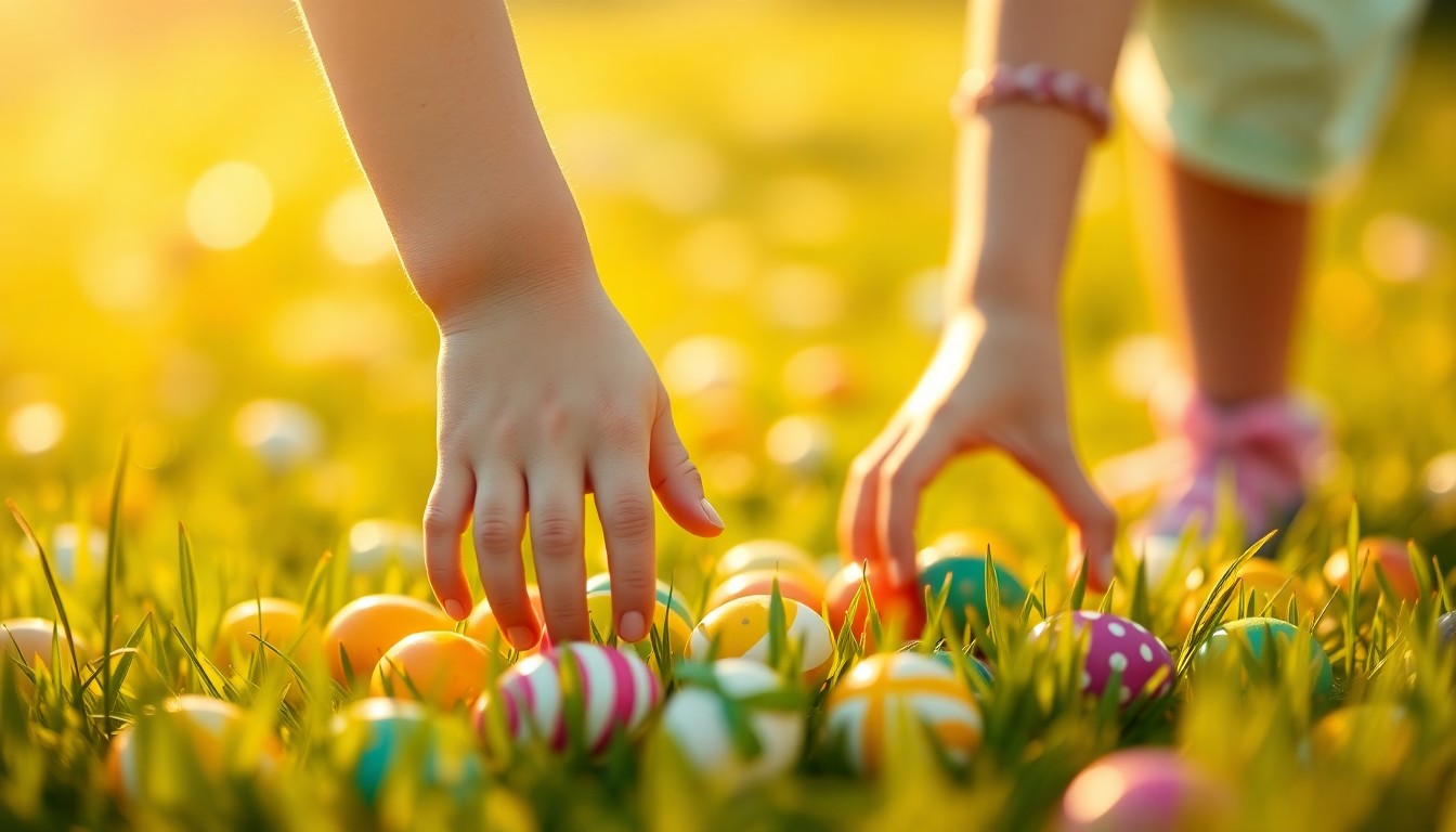 An abstract, impressionistic photograph of children's hands reaching into a grassy field to collect Easter eggs, with a soft, out-of-focus background of warm, colorful light and bokeh.