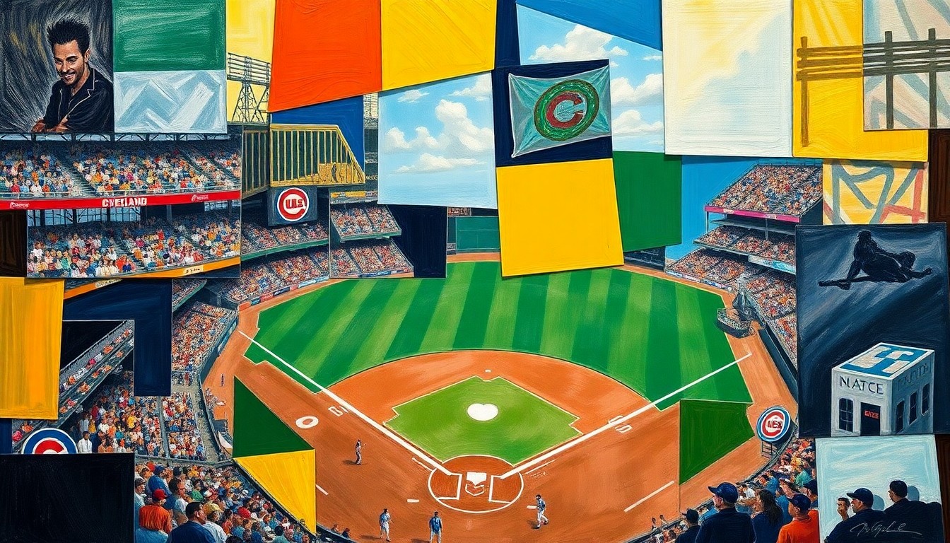 A cubist, geometric painting depicting a baseball game between the Cleveland Guardians and Chicago Cubs, with the players and field broken down into sharp, overlapping shapes and planes of color.