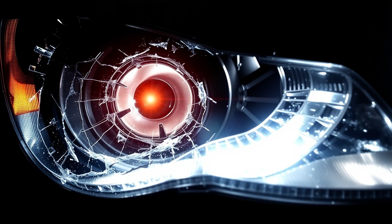 An extreme close-up photograph of a shattered car headlight lens reflecting a harsh, direct camera flash, conceptually illustrating the aftermath of a serious car accident.