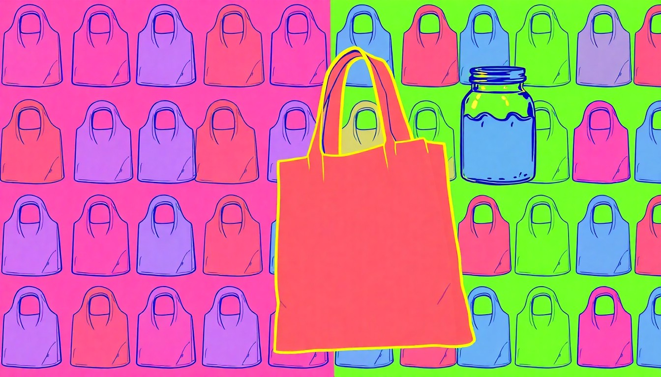 A highly stylized, brightly colored grid of silkscreen-printed reusable grocery bags in neon pink, orange, and blue, conceptually representing the community-focused, mission-driven values of a long-standing natural food cooperative.